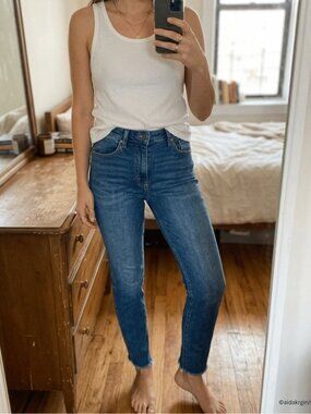We The Free People High Rise Skinny Jeans 28 Raw Frayed Hem Ankle Medium Wash